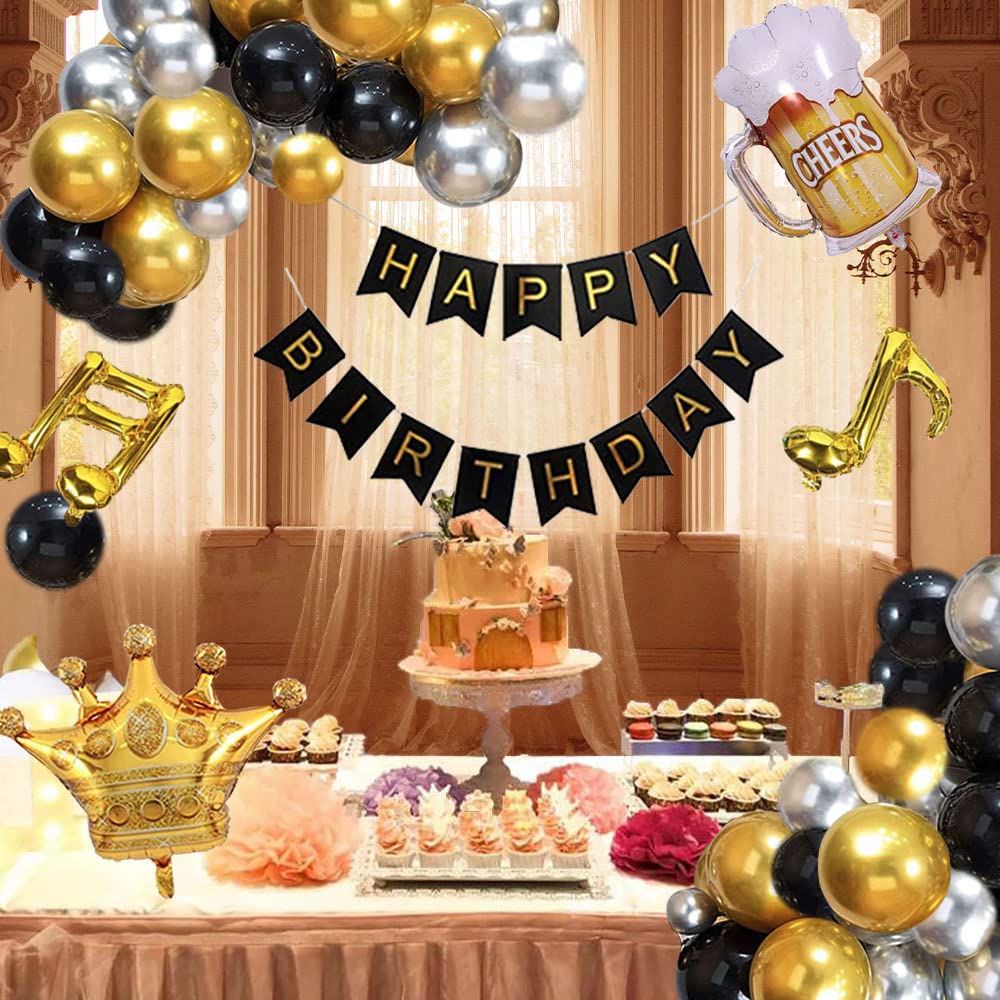 Black and Gold Birthday Party Decorations for Men, Happy Birthday Balloons for Him with Banner, Foil Balloons, Fringe Curtains, Crown, Beer Balloons for 18th 30th 40th 50th 60th 70th