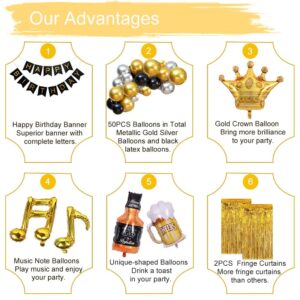 Black and Gold Birthday Party Decorations for Men, Happy Birthday Balloons for Him with Banner, Foil Balloons, Fringe Curtains, Crown, Beer Balloons for 18th 30th 40th 50th 60th 70th