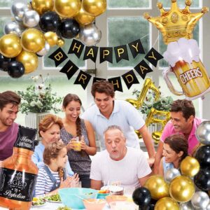 Black and Gold Birthday Party Decorations for Men, Happy Birthday Balloons for Him with Banner, Foil Balloons, Fringe Curtains, Crown, Beer Balloons for 18th 30th 40th 50th 60th 70th