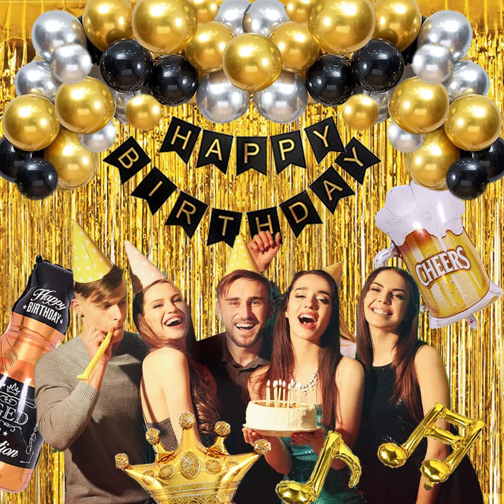 Black and Gold Birthday Party Decorations for Men, Happy Birthday Balloons for Him with Banner, Foil Balloons, Fringe Curtains, Crown, Beer Balloons for 18th 30th 40th 50th 60th 70th