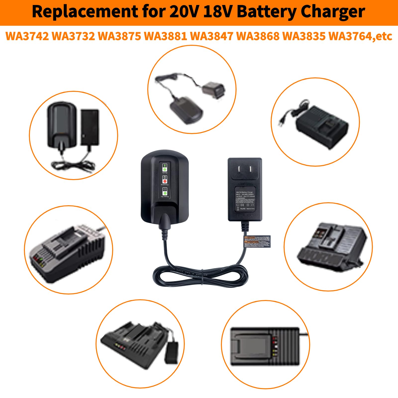 WA3742 Charger Compatible with Worx 20V Lithium Battery WA3520 WA3525 WA3512 WA3512.1 WA3522 WA3544 WA3575 WA3578 Replacement 20V Battery Charger WA3732 WA3875 WA3881