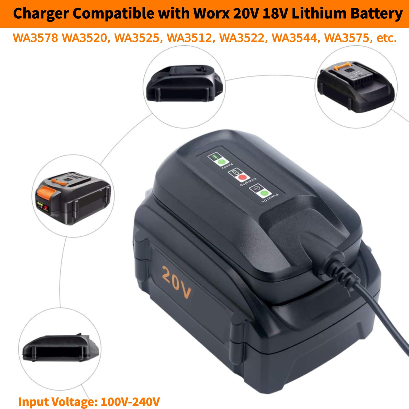 WA3742 Charger Compatible with Worx 20V Lithium Battery WA3520 WA3525 WA3512 WA3512.1 WA3522 WA3544 WA3575 WA3578 Replacement 20V Battery Charger WA3732 WA3875 WA3881