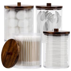 tbestmax 4 pack qtip holder dispenser cotton ball, cotton swab, floss - 12oz, 10 oz clear plastic apothecary jars for bathroom organizer and storage containers (brown wood lids)