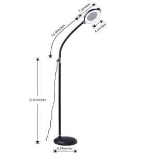 FHHKAAD 3 in 1 Magnifying Floor Lamp with Adjustable LED Bright Light，Flexibility Magnifier Lamp 5X for Reading，Crafts & Hobbies - 12W -Black