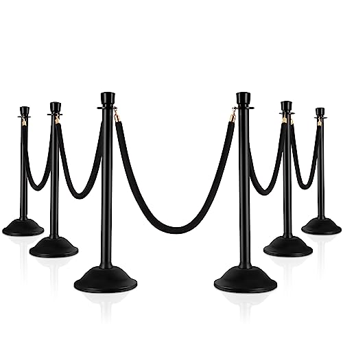 HABUTWAY 6PCS Plastic Stanchions Post, 6 Black Velvet Ropes Queue Rope Barriers, Crowd Control Stanchion, Sand/Stone Injection Hollow Base and Velvet Ropes Set for Party Supplies Easy Connect Assembly