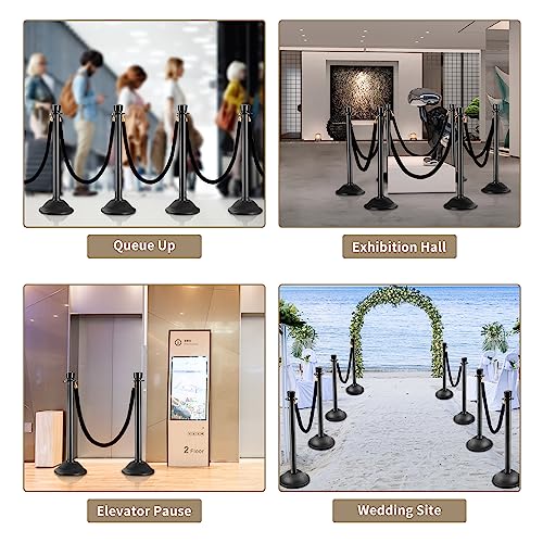 HABUTWAY 6PCS Plastic Stanchions Post, 6 Black Velvet Ropes Queue Rope Barriers, Crowd Control Stanchion, Sand/Stone Injection Hollow Base and Velvet Ropes Set for Party Supplies Easy Connect Assembly