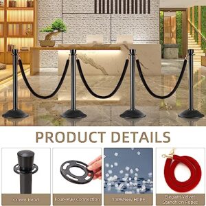 HABUTWAY 6PCS Plastic Stanchions Post, 6 Black Velvet Ropes Queue Rope Barriers, Crowd Control Stanchion, Sand/Stone Injection Hollow Base and Velvet Ropes Set for Party Supplies Easy Connect Assembly