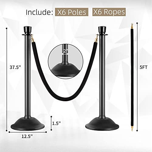 HABUTWAY 6PCS Plastic Stanchions Post, 6 Black Velvet Ropes Queue Rope Barriers, Crowd Control Stanchion, Sand/Stone Injection Hollow Base and Velvet Ropes Set for Party Supplies Easy Connect Assembly