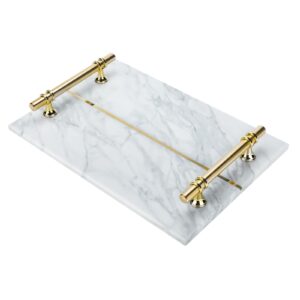 highfree marble stone decorative tray, luxurious handmade nightstand tray with copper-color metal handles for counter, vanity, dresser, nightstand and desk