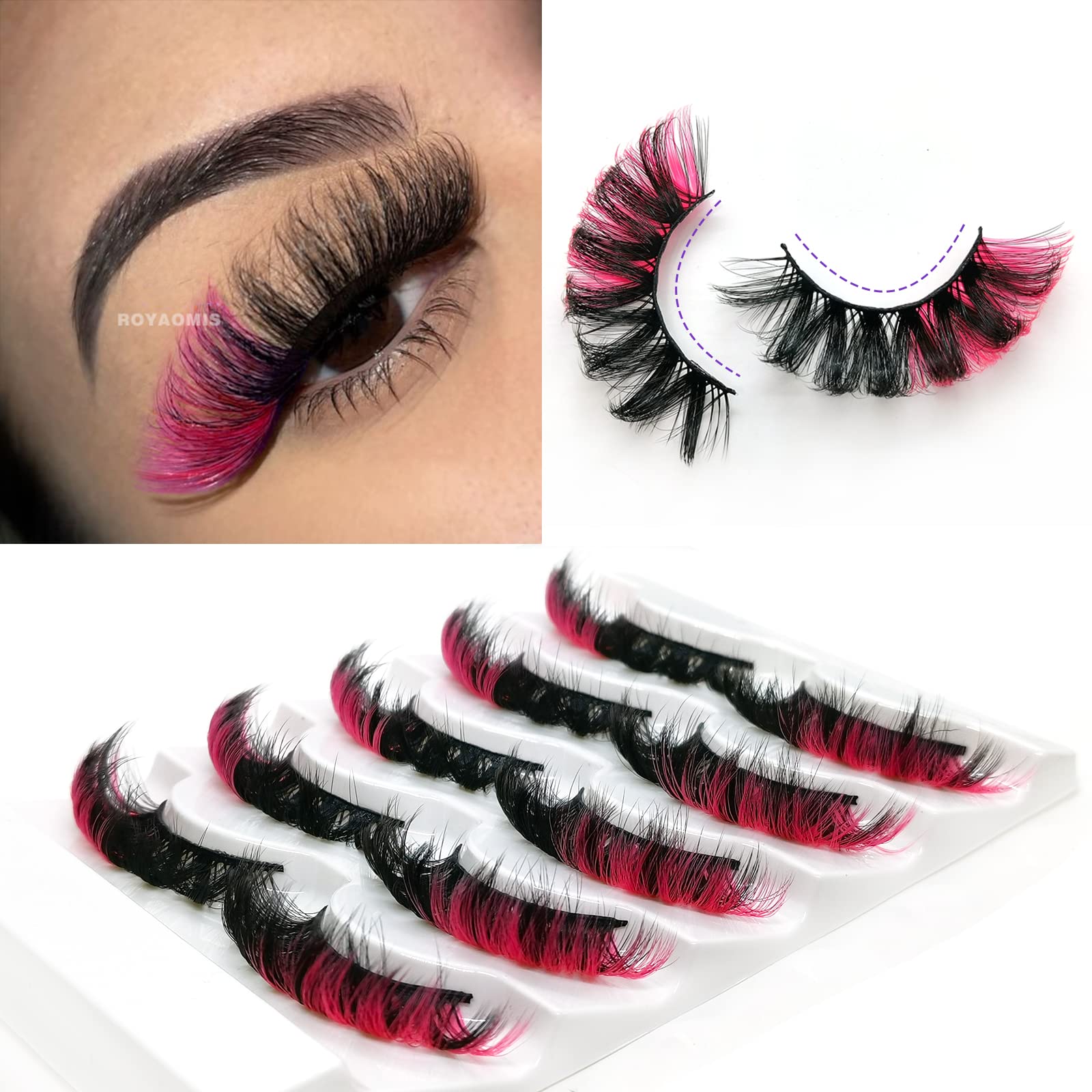 Royaomis 3d Colored Russian Strip Lashes, 20mm D Curl Lash Strips, Fluffy Eyelashes Mink, Natural False Lashes Mink, Natural Wispies, Wispy Fake Lashes, Faux Mink Eyelashes Natural Look (Pink)