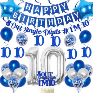joymemo 10th birthday decorations blue, peace out single digits tenth birthday party supplies with hanging swirls & paper glitter banner cake topper double digits birthday decor