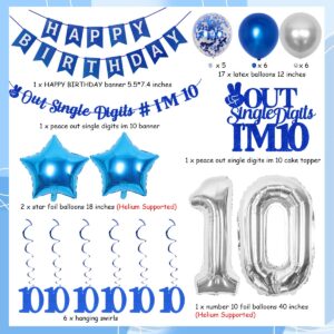 JOYMEMO 10th Birthday Decorations Blue, Peace Out Single Digits Tenth Birthday Party Supplies with Hanging Swirls & Paper Glitter Banner Cake Topper Double Digits Birthday Decor