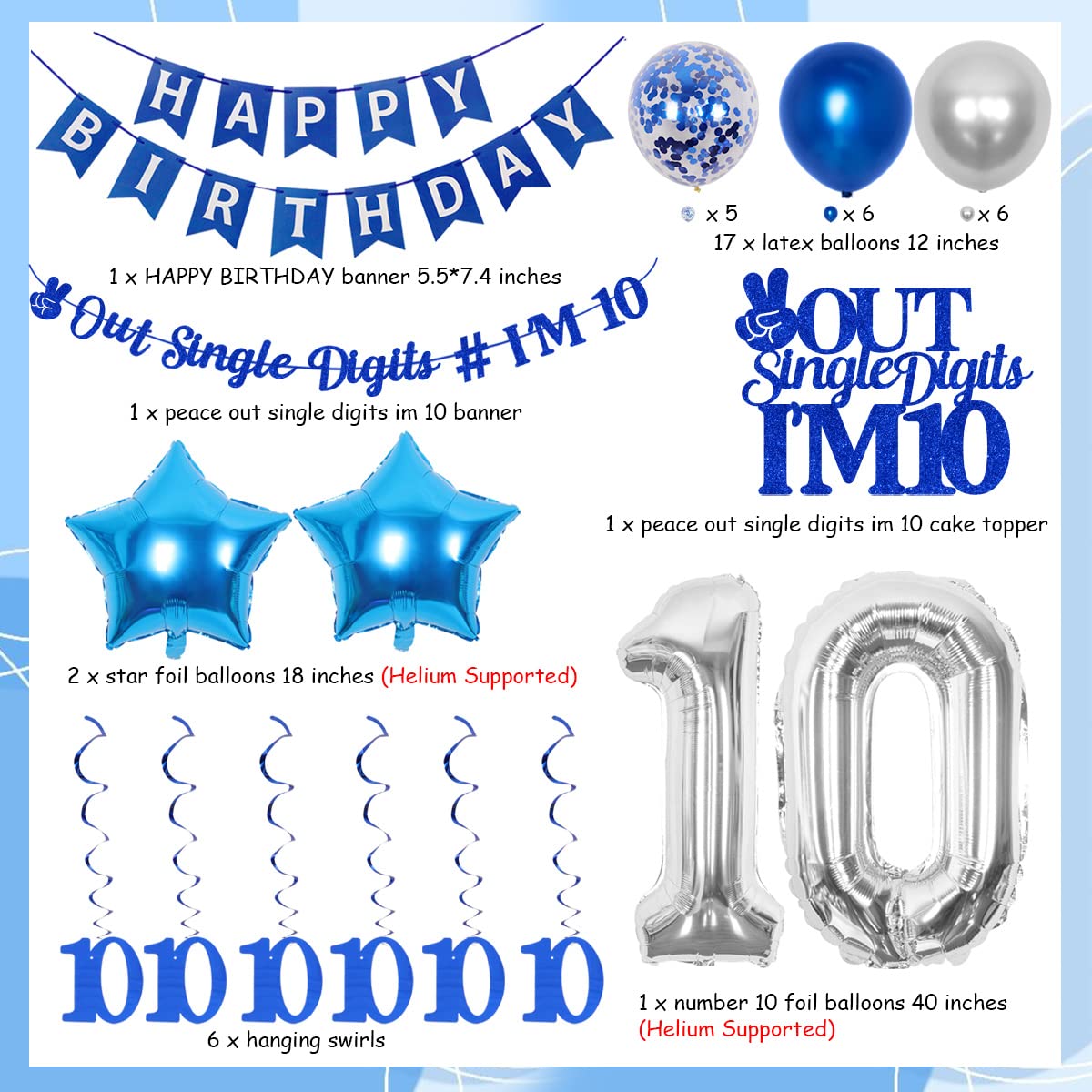 JOYMEMO 10th Birthday Decorations Blue, Peace Out Single Digits Tenth Birthday Party Supplies with Hanging Swirls & Paper Glitter Banner Cake Topper Double Digits Birthday Decor