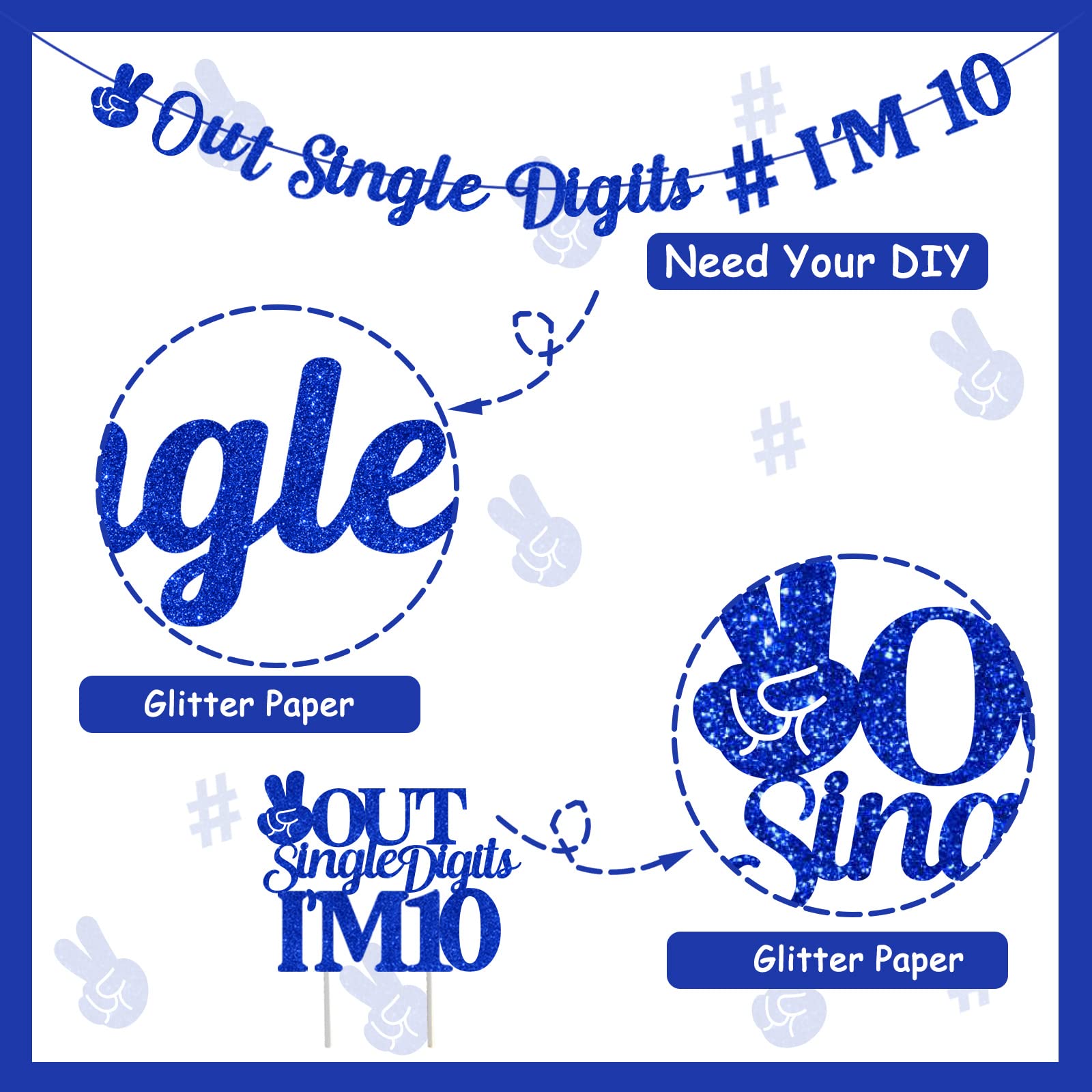 JOYMEMO 10th Birthday Decorations Blue, Peace Out Single Digits Tenth Birthday Party Supplies with Hanging Swirls & Paper Glitter Banner Cake Topper Double Digits Birthday Decor