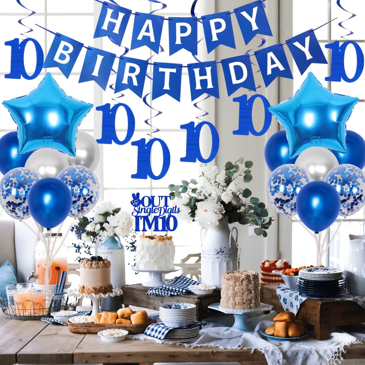 JOYMEMO 10th Birthday Decorations Blue, Peace Out Single Digits Tenth Birthday Party Supplies with Hanging Swirls & Paper Glitter Banner Cake Topper Double Digits Birthday Decor