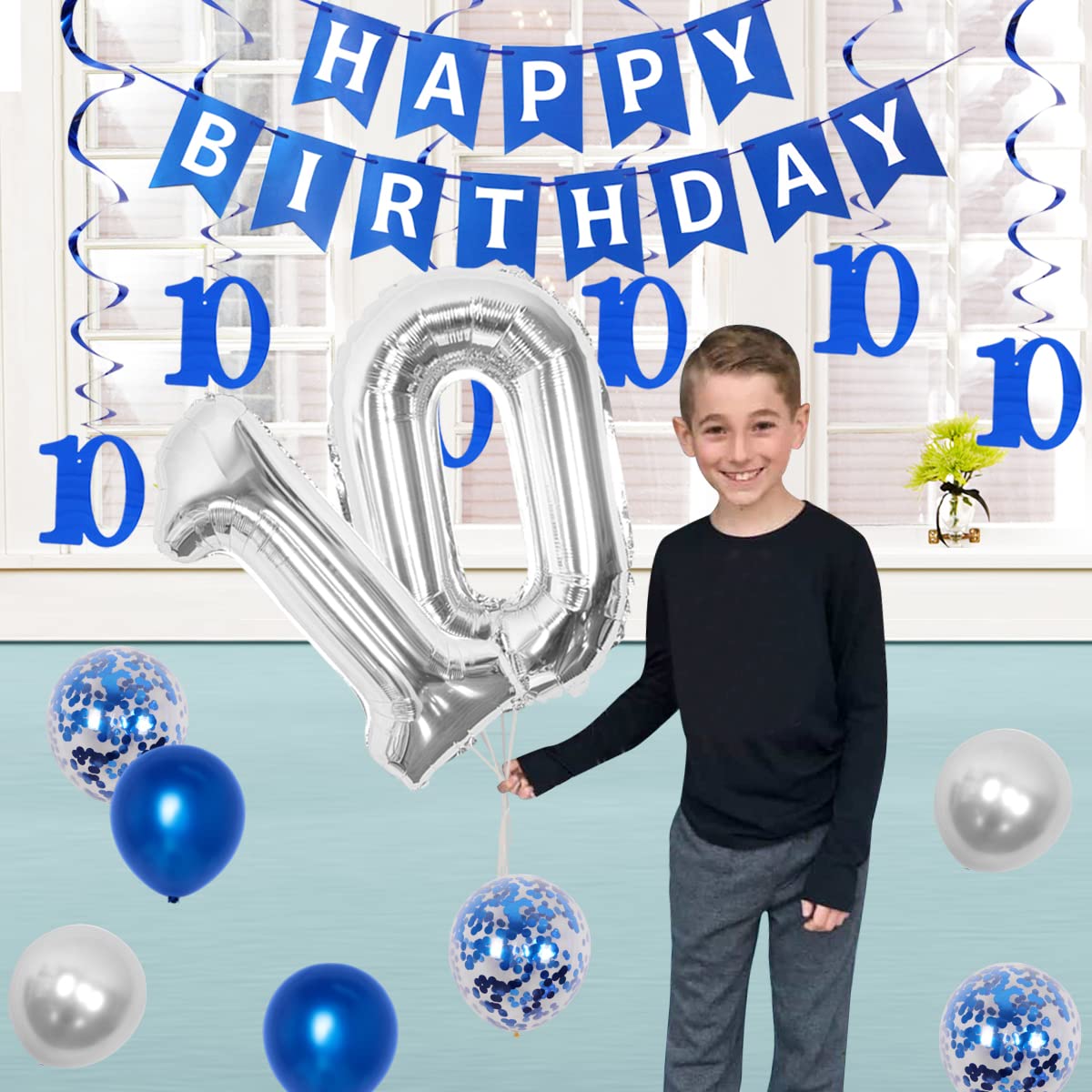 JOYMEMO 10th Birthday Decorations Blue, Peace Out Single Digits Tenth Birthday Party Supplies with Hanging Swirls & Paper Glitter Banner Cake Topper Double Digits Birthday Decor