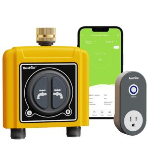 rainpoint sprinkler timer wifi water timer with brass inlet,2 outlets smart hose timer,automatic irrigation system controller, 2.4ghz wifi & voice control, irrigation by weather/quantity/soil moisture