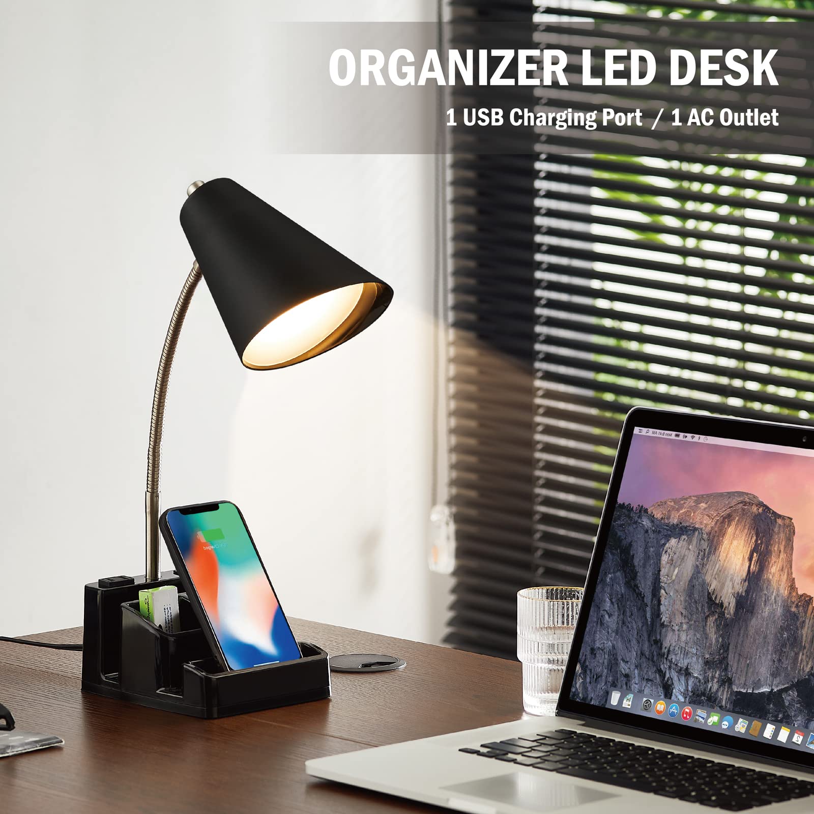 ONEXT LED Desk Lamp with 1 USB Charging Port and 1 AC Outlet, Organizer Base, On/Off Switch, Modern Table Lamp for Reading, Working, Studying, Eye Protect