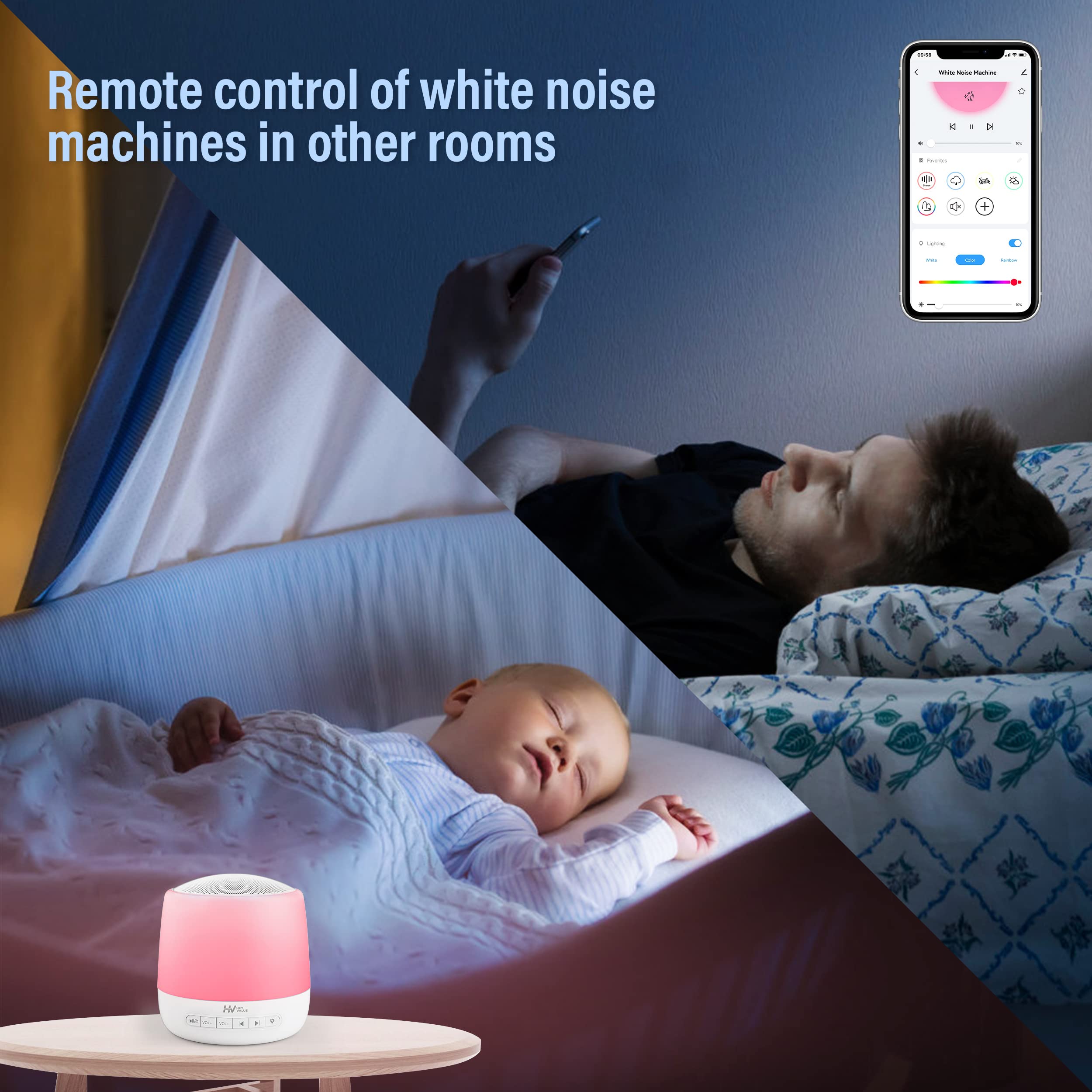 Baby Sound Machine, HEYVALUE White Noise Machine for Baby Sleeping, Night Light |Toddler Sleep Trainer | 34 Soothing Sound | App Remote Control, Personal Sleep Routine (Wi-Fi)