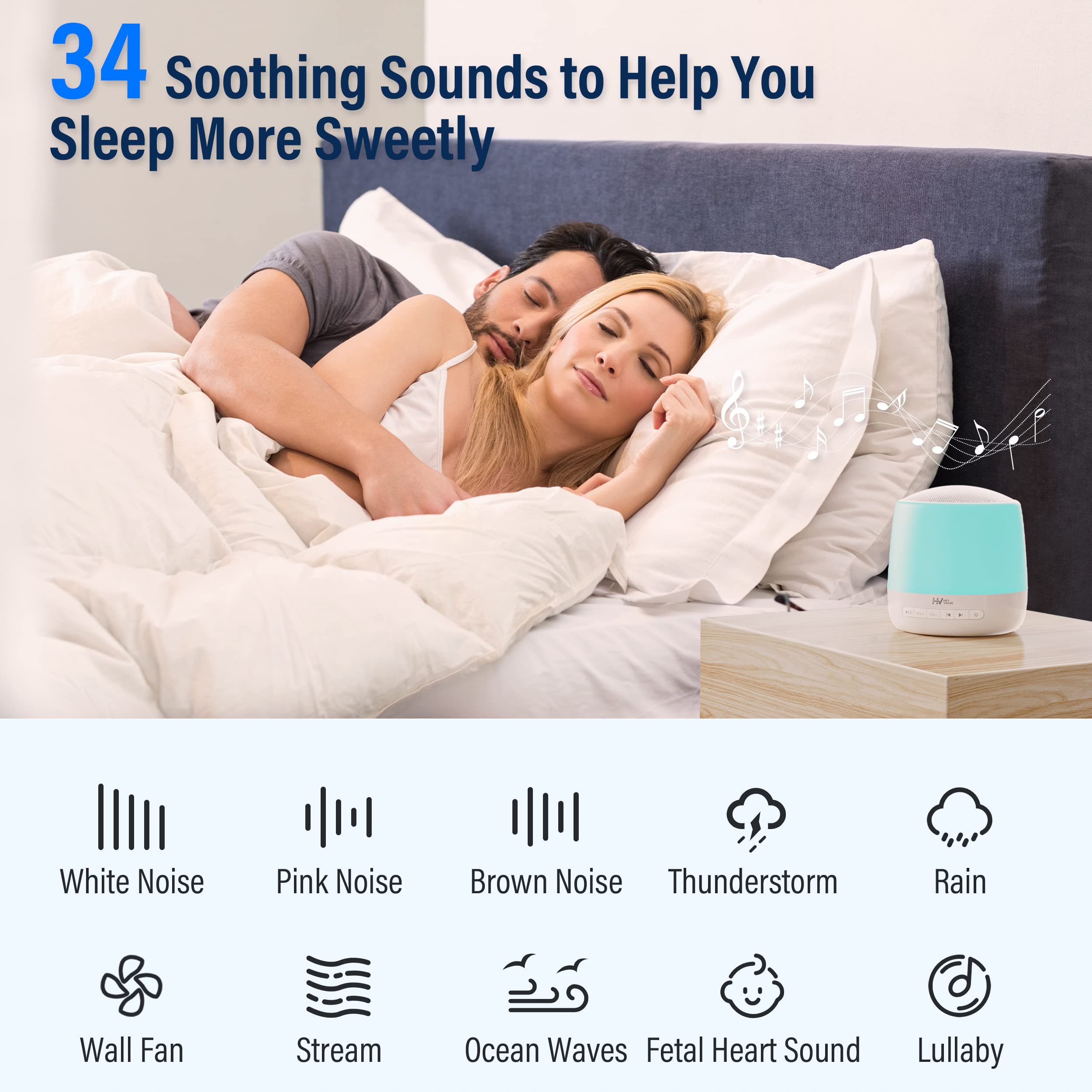 Baby Sound Machine, HEYVALUE White Noise Machine for Baby Sleeping, Night Light |Toddler Sleep Trainer | 34 Soothing Sound | App Remote Control, Personal Sleep Routine (Wi-Fi)