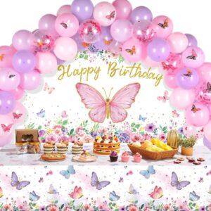 pink and purple butterfly party decorations include pink purple balloon arch kit butterfly happy birthday photography backdrop banner tablecloth for girls women birthday party supplies decor