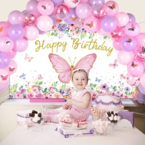 Pink and Purple Butterfly Party Decorations Include Pink Purple Balloon Arch Kit Butterfly Happy Birthday Photography Backdrop Banner Tablecloth for Girls Women Birthday Party Supplies Decor