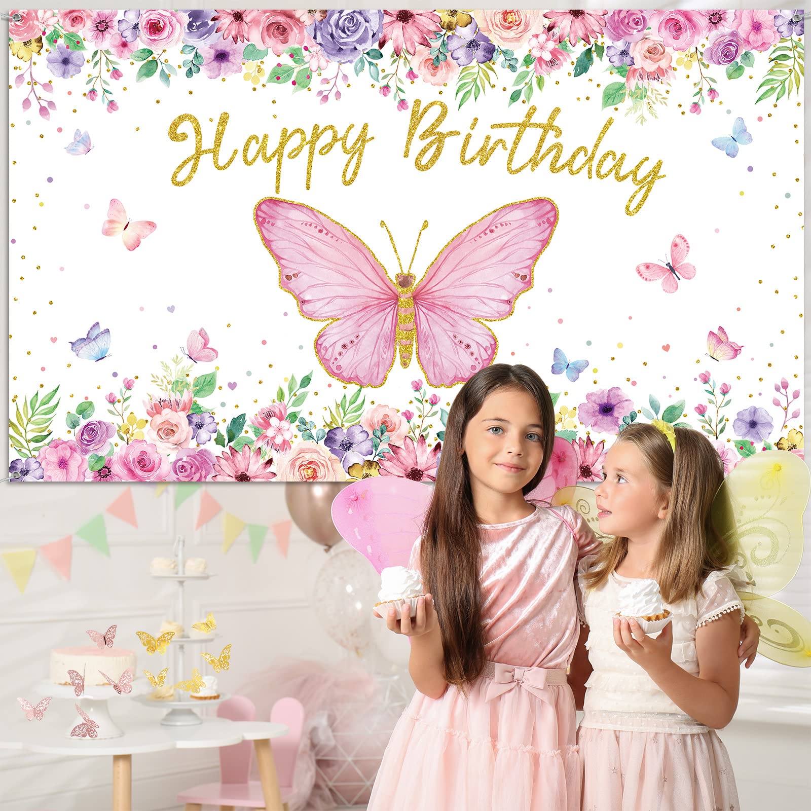 Pink and Purple Butterfly Party Decorations Include Pink Purple Balloon Arch Kit Butterfly Happy Birthday Photography Backdrop Banner Tablecloth for Girls Women Birthday Party Supplies Decor