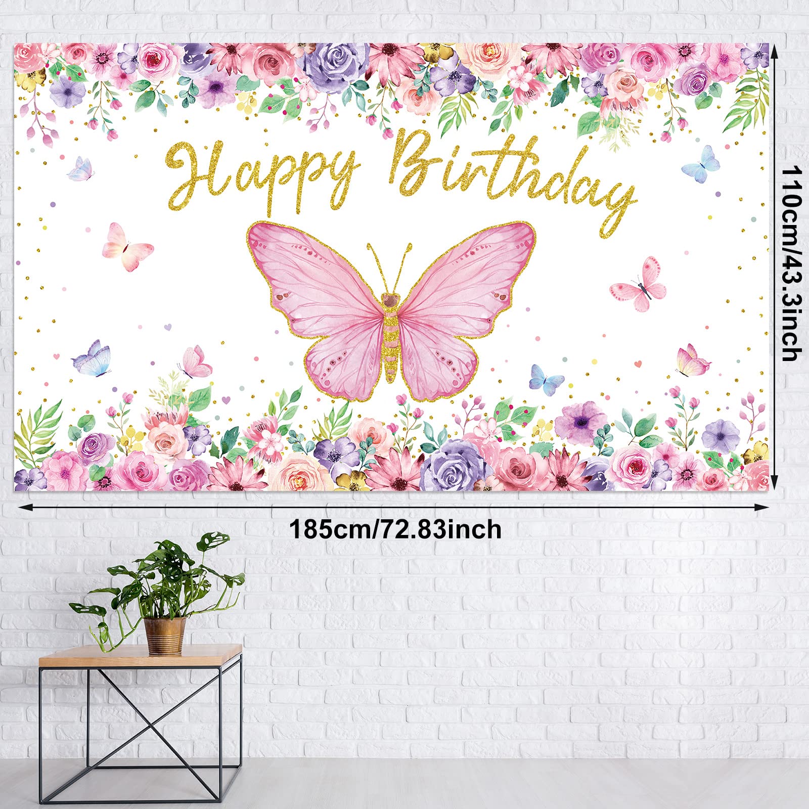 Pink and Purple Butterfly Party Decorations Include Pink Purple Balloon Arch Kit Butterfly Happy Birthday Photography Backdrop Banner Tablecloth for Girls Women Birthday Party Supplies Decor