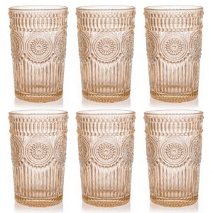 kingrol 6 pack 12 oz colored drinking glasses, premium glassware set for water, juice, beverages, cocktail - romantic embossed design - for wedding party, daily use