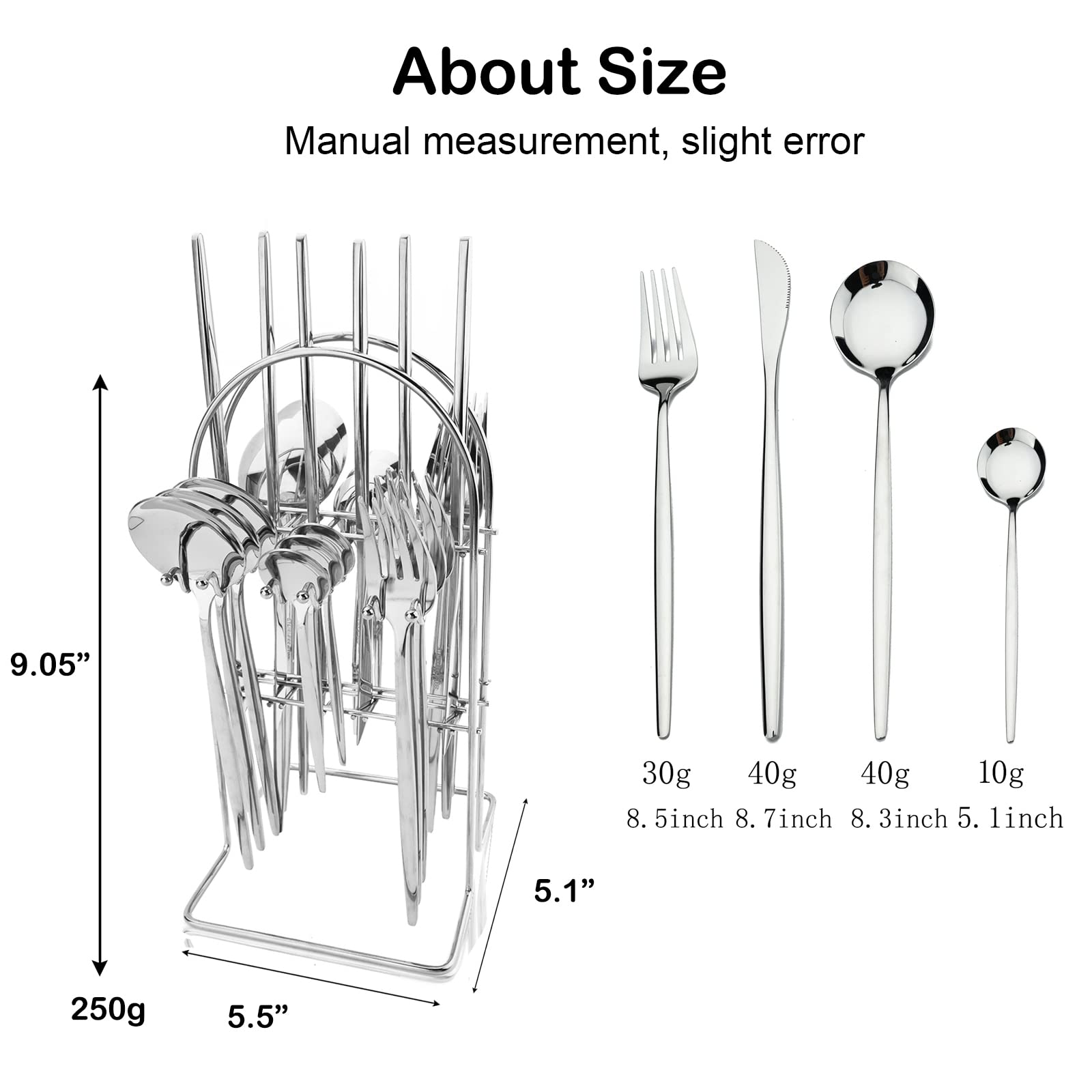 JASHII 24-Piece Stainless Steel Flat Flatware Set for 6, Fork Spoon Knife Set Eating Utensils Tableware with Holder for Kitchens Home and Restaurant, Dishwasher Safe - Shiny Silver