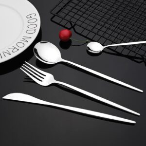 JASHII 24-Piece Stainless Steel Flat Flatware Set for 6, Fork Spoon Knife Set Eating Utensils Tableware with Holder for Kitchens Home and Restaurant, Dishwasher Safe - Shiny Silver