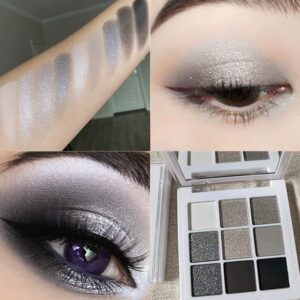 Go Ho Black Grey Silver Smokey Eyeshadow Palette,9 Colors Matte&Shimmer Eye Makeup Palette,Gray White Eyeshadow Makeup,Waterproof Cool Shades Eye Shadow Palette with Prism Mirror