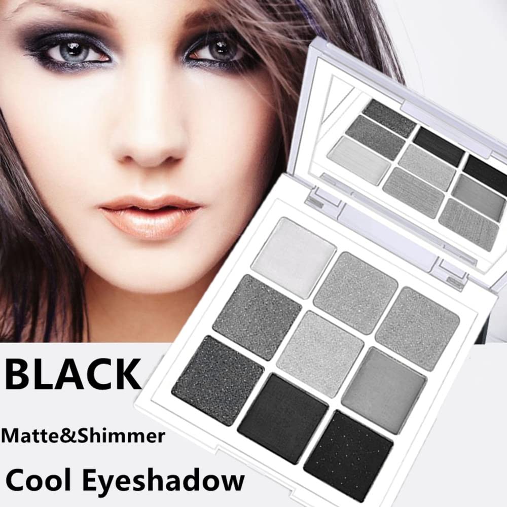 Go Ho Black Grey Silver Smokey Eyeshadow Palette,9 Colors Matte&Shimmer Eye Makeup Palette,Gray White Eyeshadow Makeup,Waterproof Cool Shades Eye Shadow Palette with Prism Mirror