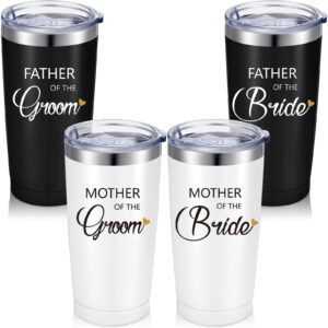 4 Pieces Mother of the Bride Groom Father of the Bride Groom Tumbler Set 20 oz Tumbler Travel Mugs with Lids Straws Brushes Wedding Favor Gifts for Bridal Shower Engagement Announcement Party