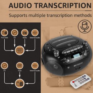 Retekess TR630 CD and Cassette Player Combo, Portable Boombox AM FM Radio, Bass Boost Speakers, Recording Transcription, USB, Micro SD, LCD Display for Family