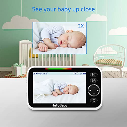 HelloBaby 5’’ Baby Monitor with 26-Hour Battery, 2 Cameras Pan-Tilt-Zoom, 1000ft Range Video Audio Baby Monitor No WiFi, VOX, Night Vision, 2-Way Talk, 8 Languages and Baby Registry Search