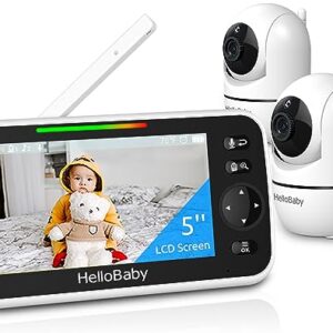 HelloBaby 5’’ Baby Monitor with 26-Hour Battery, 2 Cameras Pan-Tilt-Zoom, 1000ft Range Video Audio Baby Monitor No WiFi, VOX, Night Vision, 2-Way Talk, 8 Languages and Baby Registry Search