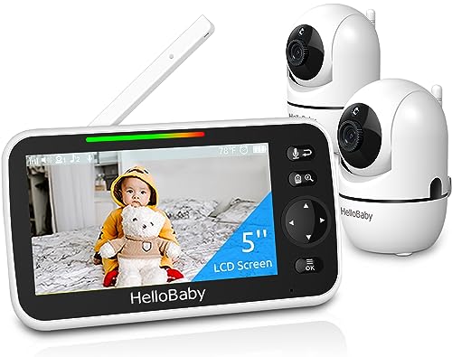 HelloBaby 5’’ Baby Monitor with 26-Hour Battery, 2 Cameras Pan-Tilt-Zoom, 1000ft Range Video Audio Baby Monitor No WiFi, VOX, Night Vision, 2-Way Talk, 8 Languages and Baby Registry Search