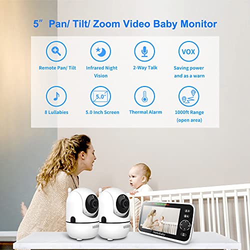 HelloBaby 5’’ Baby Monitor with 26-Hour Battery, 2 Cameras Pan-Tilt-Zoom, 1000ft Range Video Audio Baby Monitor No WiFi, VOX, Night Vision, 2-Way Talk, 8 Languages and Baby Registry Search