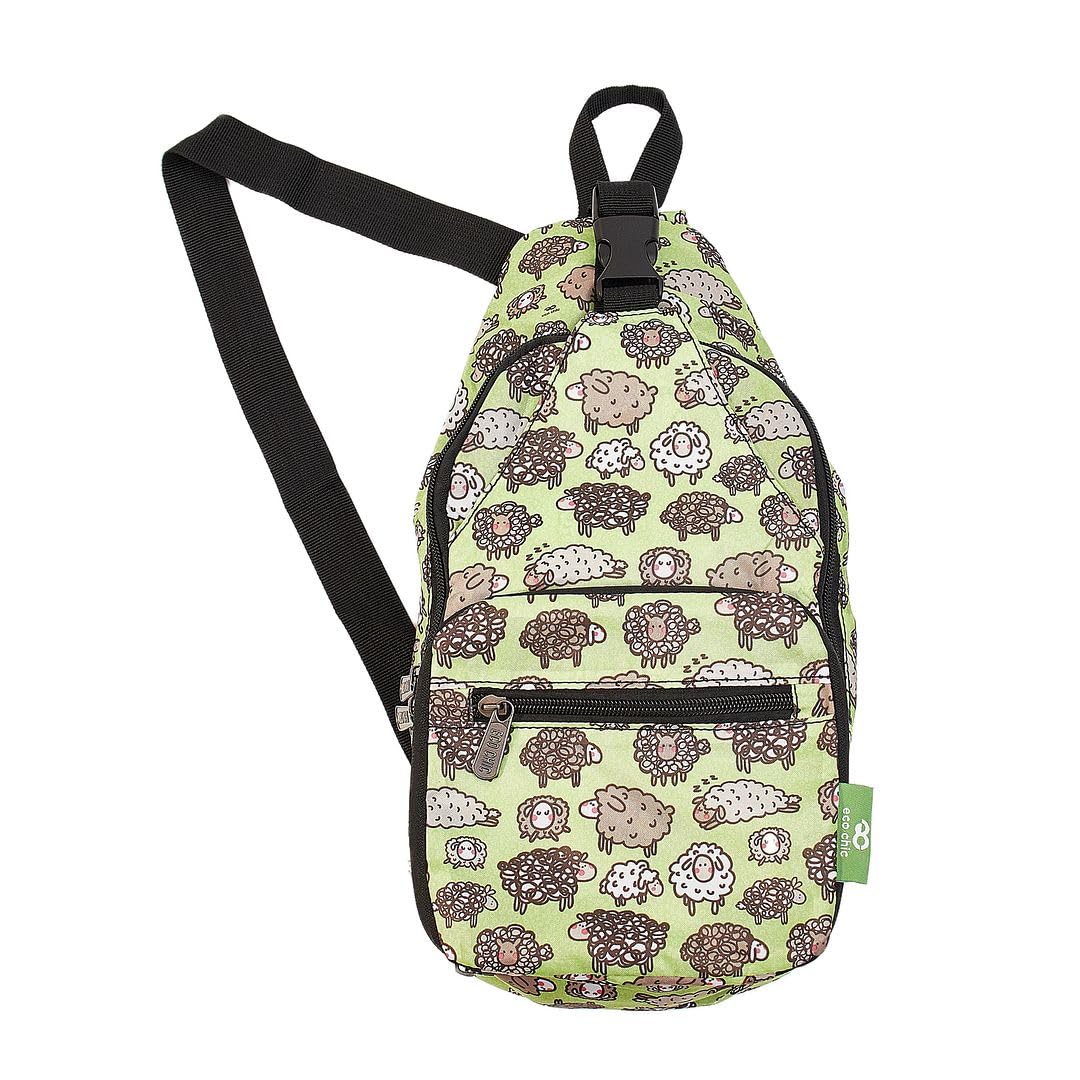 ECO CHIC Lightweight Foldable Crossbody Bag Recycled Plastic Shoulder Backpack Folds Into Pouch for Storage (Cute Sheep Green)