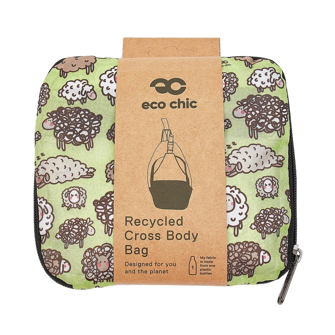 ECO CHIC Lightweight Foldable Crossbody Bag Recycled Plastic Shoulder Backpack Folds Into Pouch for Storage (Cute Sheep Green)