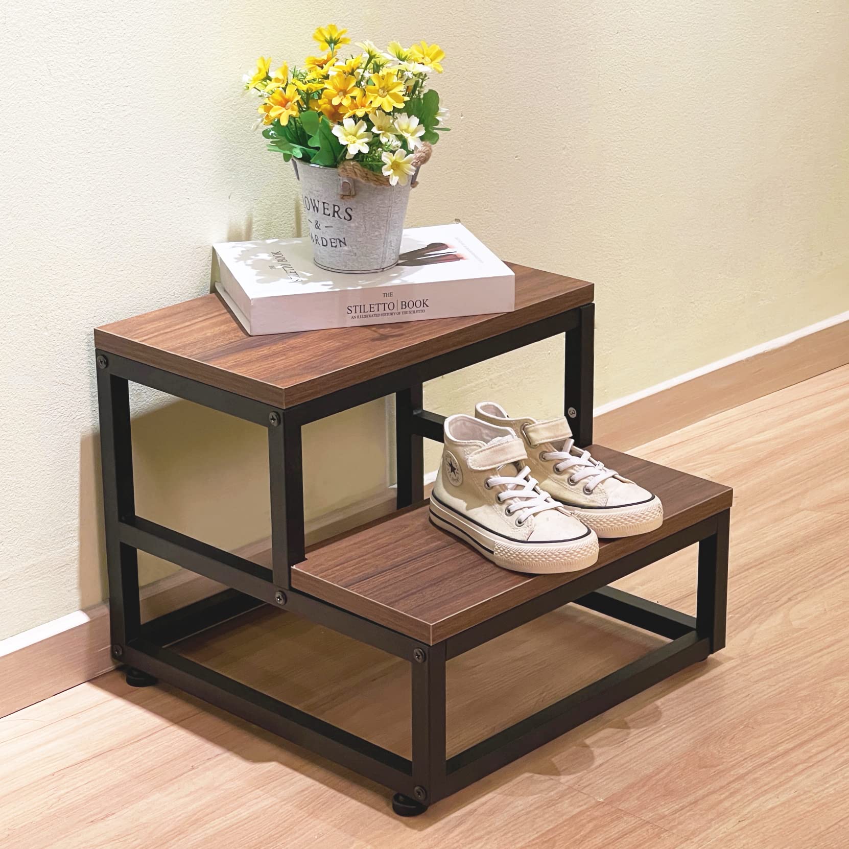 Step Stool for Adults and Kids, Wood and Metal Stepping Stool, 2 Steps with Corner Protectors, Bed Steps for High Bed, Elders and Toddler Stool for Bedroom, Bathroom, Kitchen (Brown)