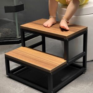 Step Stool for Adults and Kids, Wood and Metal Stepping Stool, 2 Steps with Corner Protectors, Bed Steps for High Bed, Elders and Toddler Stool for Bedroom, Bathroom, Kitchen (Brown)