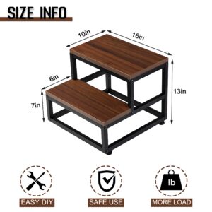 Step Stool for Adults and Kids, Wood and Metal Stepping Stool, 2 Steps with Corner Protectors, Bed Steps for High Bed, Elders and Toddler Stool for Bedroom, Bathroom, Kitchen (Brown)