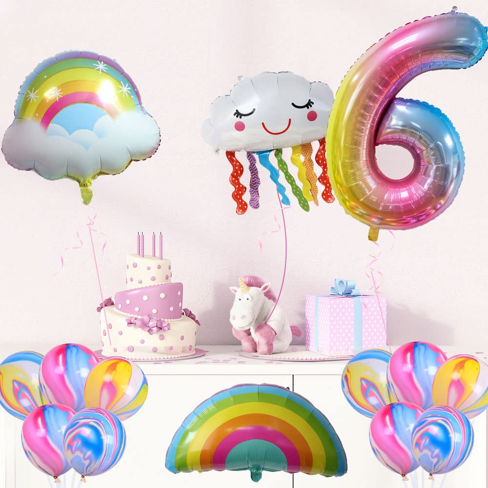 Rainbow Party Decorations, 6th Birthday Decorations for Girls, Number 6 Balloon, Foil Rainbow Balloons, Tassel Pastel Balloons for Six Year Old Birthday Party Supplies Decor Colorful Kids (6th)