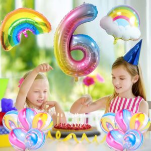 Rainbow Party Decorations, 6th Birthday Decorations for Girls, Number 6 Balloon, Foil Rainbow Balloons, Tassel Pastel Balloons for Six Year Old Birthday Party Supplies Decor Colorful Kids (6th)