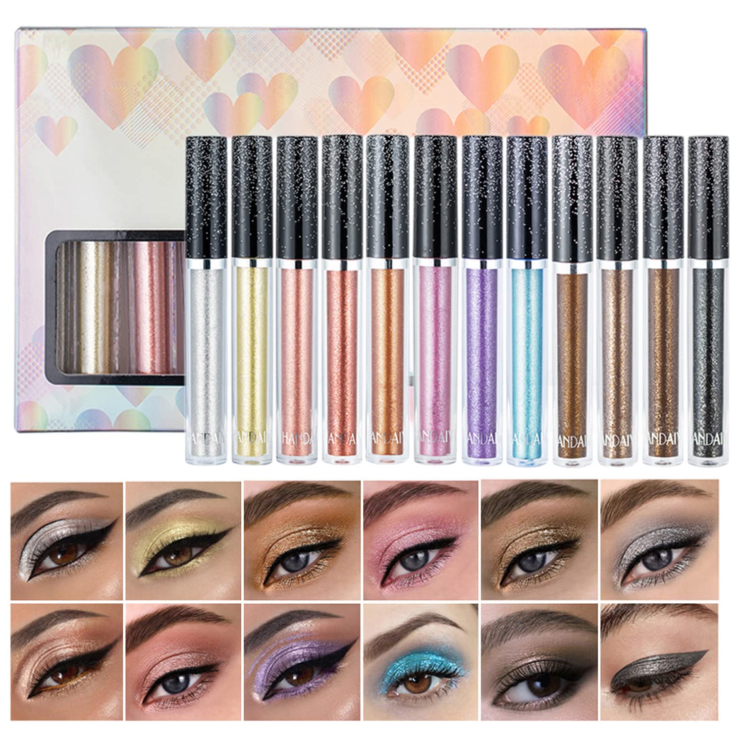 BestLand 12 Colors Liquid Glitter Eyeshadow Set, Multi-dimensional Metallic Glitter Shimmer Smokey Eye Looks Waterproof Long Lasting Quick-Drying Sparkling Eye Shadow Makeup Kits