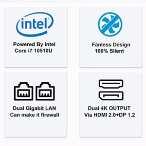 Mini PC Fanless,Intel Core i7 10510U (Up to 4.9GHZ),Windows 11 Pro/Linux, Slient Desktop Computer,16G DDR4 1TB NVME SSD, Metal Case,Dual Gigabit Ethernet,Support Auto Power on