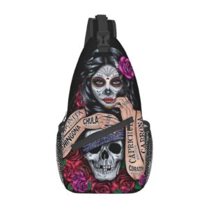 fosgzif crossbody bag sling shoulder backpack for men women day of the dead sugar skull unisex small hiking backpack durable hiking daypack for sport casual walking biking travel cycling