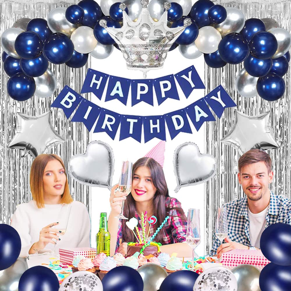 Navy Blue Silver Happy Birthday Party Decorations Set for Men Boys Women Girls, Banner, Crown Balloon, Fringe Curtains, Cake Topper for 13th 16th 18th 21st 25th 30th 40th 50th 60th 70th Party Supplies